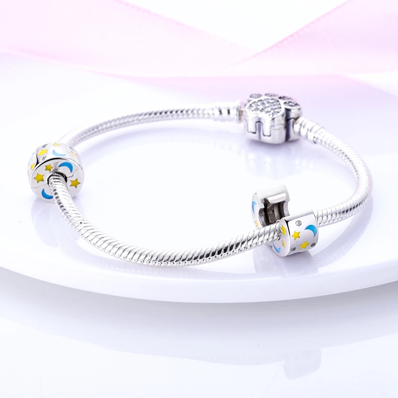 925 Silver Clip Charms Fit Original Pan Bracelet DIY Pave CZ Star Moon Clasp Stopper Bead