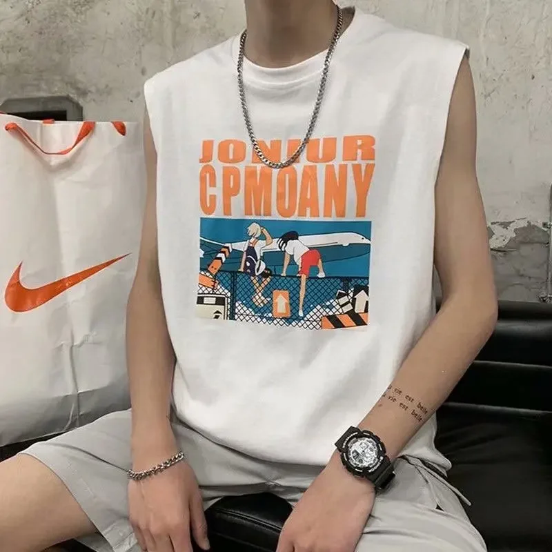 Cotton Vest Men Undershirt Sports Sleeveless Vest Cotton Sleeveless T Shirt Summer Hong Kong Style Loose-fit Men's Round Neck Shoulder Vest Sports Ballgame Underwear Trendy Ins Student