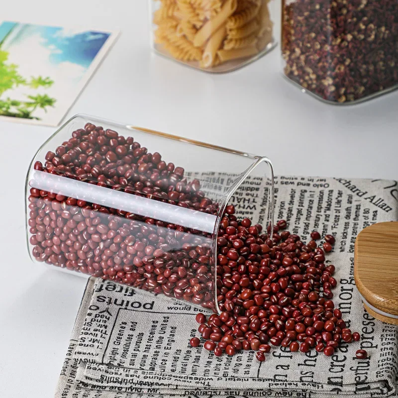 Square bamboo lid sealed transparent glass jar Food tea multi-grain storage jar Coffee storage jar Large capacity spice jar 2