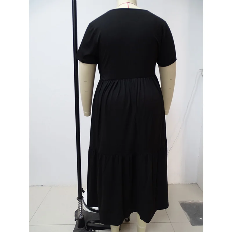 Plus Size Clothes Simplicity Solid Color Half Sleeve Cake Skirt Casual Round Neck Shirring Summer Women's Loose Midi Dresses