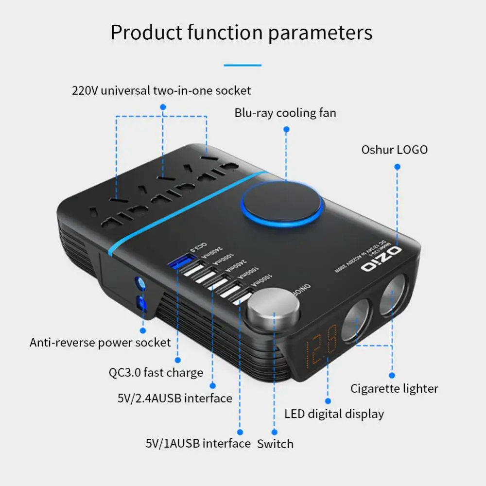

Car Inverter 200W 12V/24V To 220V Cigarette Lighter Power Supply Inverter Adapter with QC 3.0 5 USB Charger Fast Charging