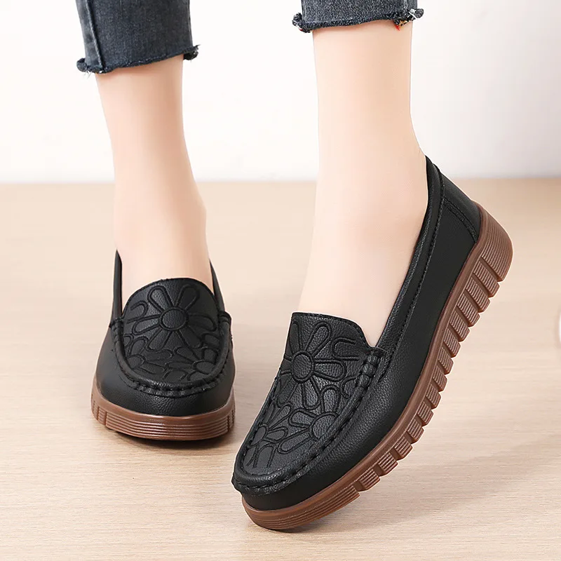 2024 Casual British Flower Genuine Leather Flats Platform Shoes For Women Loafers Chaussure Femme Ladies Trainers Zapatos Mujer