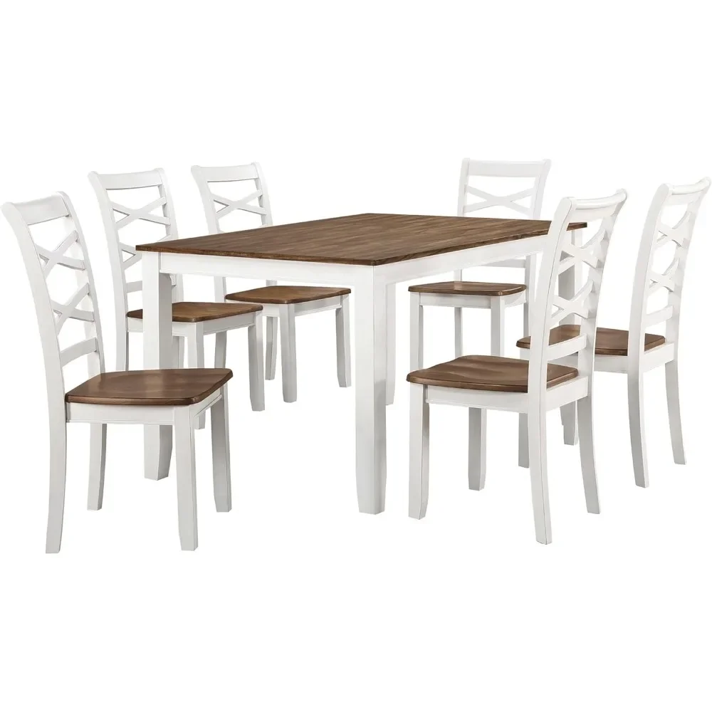Fashion Solid Wood Dining Room Table and Chairs Set, 6 Set ,with Cross Back Chairs, 7 Piece Farmhouse Kitchen Table Set