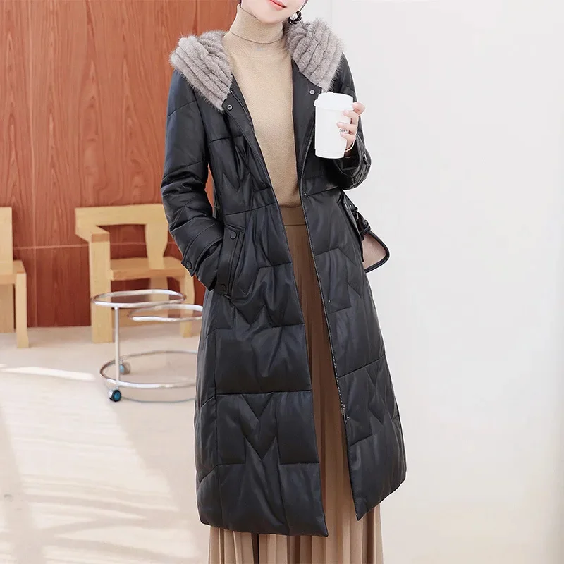 

Genuine Leather Down Jacket Women Winter Long Coat 2024 Mink Fur Collar Natural Sheepskin Puffer Jackets Female Куртка Кожаная