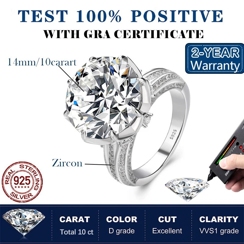Роскошное кольцо Houtros 10CT D VVSI из муассанита, серебро 925 пробы, тарелка 18 К, белое золото, свадьба, сверхъяркий драгоценный камень, браслет, ювелирные изделия, GRA (art.: 3920c2b002d76) - 3920c2b002d76
