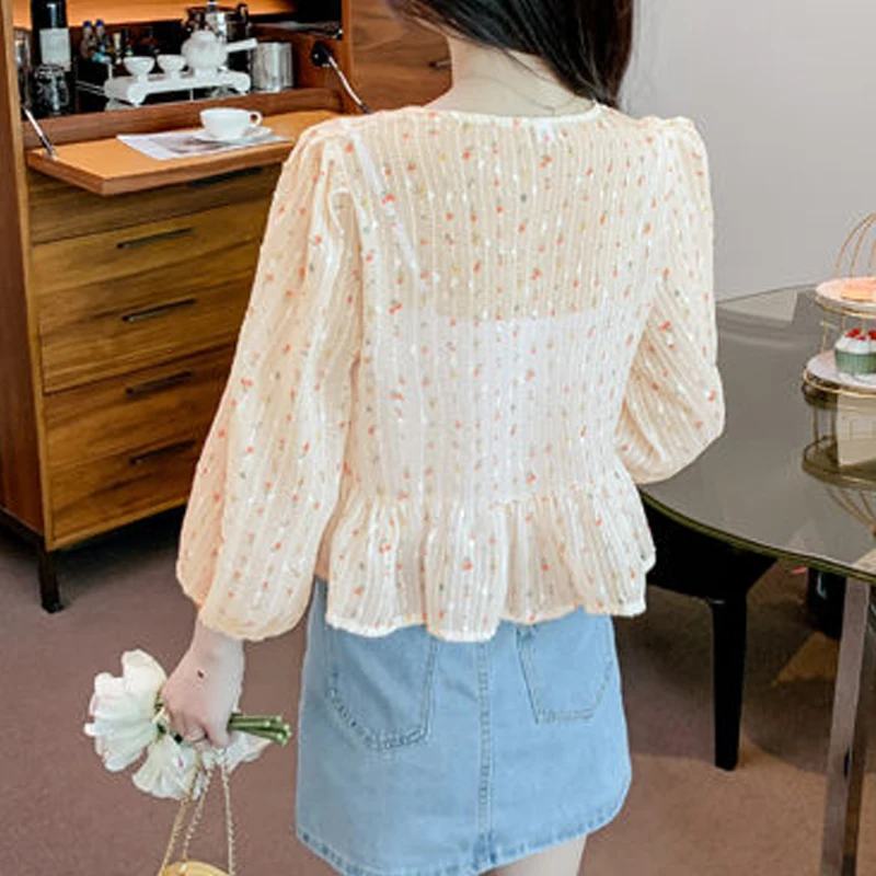 Women's Floral Printed Lace Up Sweet Kawaii Shirt Summer Trendy Ruffled V Neck Thin Blouse Casual Chic Short Tops Female Blusas