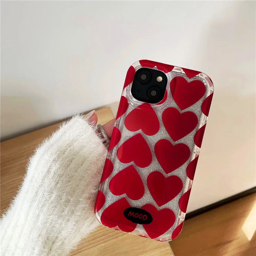 Cute Love Red Heart Coque Phone Case for Iphone 13 14 Pro Max 12 15 Pro Max 11 Shockproof Cover Bumper Capa for Women