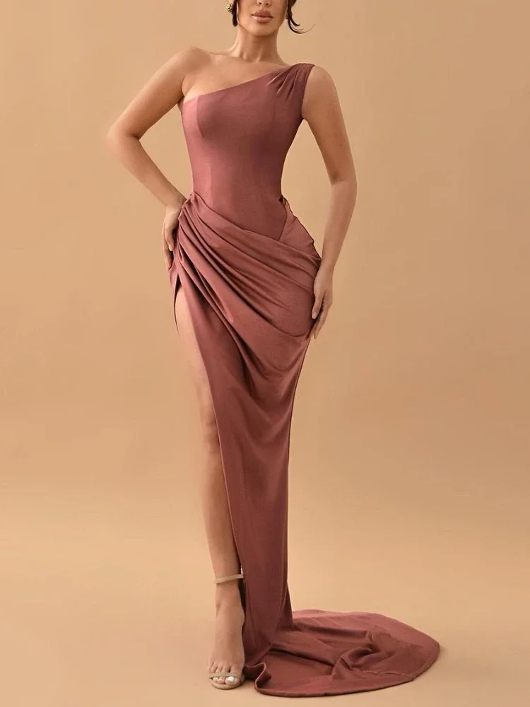 

Pleated Tiered Slim Waist Prom Dresses Split Design Simple Evening Dress One Shoulder Elegant Simple Wedding Party Vestidos