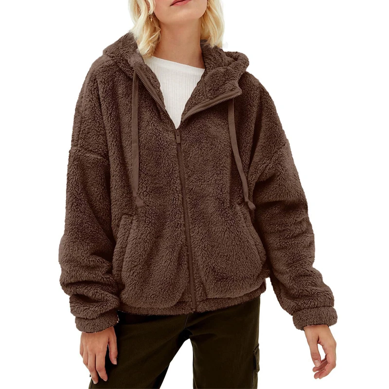 2023 Winter Clothes Women Fluffy Comfortable Warm Thick Hooded Jacket Casual Pockets Solid Long Sleeve Loose Zipper Outwear Coat