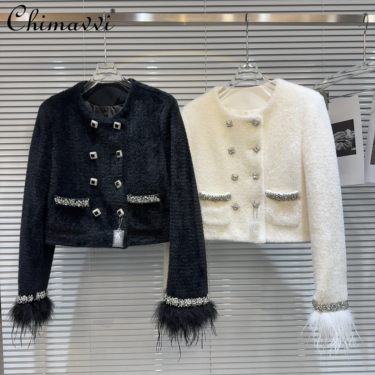 

Winter New Fashion High-End Rhinestone Buckle Ostrich Fur Cuff Jacket Loose Long Sleeve Elegant Down Feather Liner Short Coat