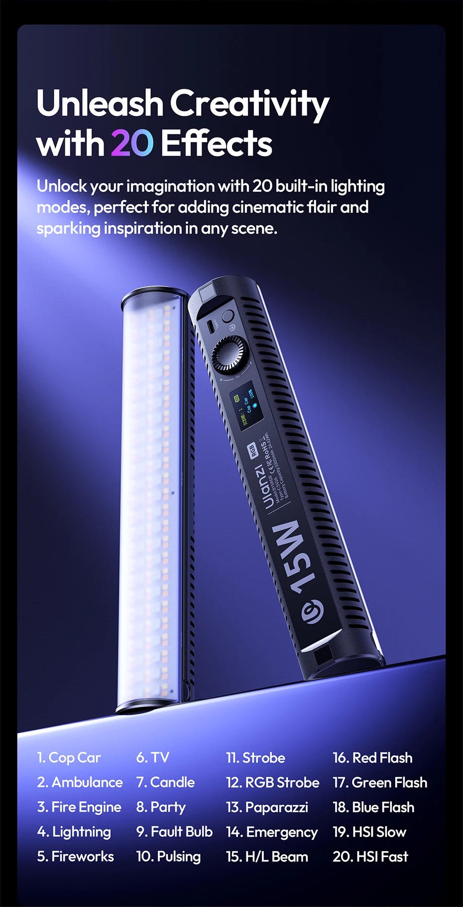 B15RGB 15W Magnetic Tube Light Handheld Led Stick Light 1800-9000K CCT 3300mAh f