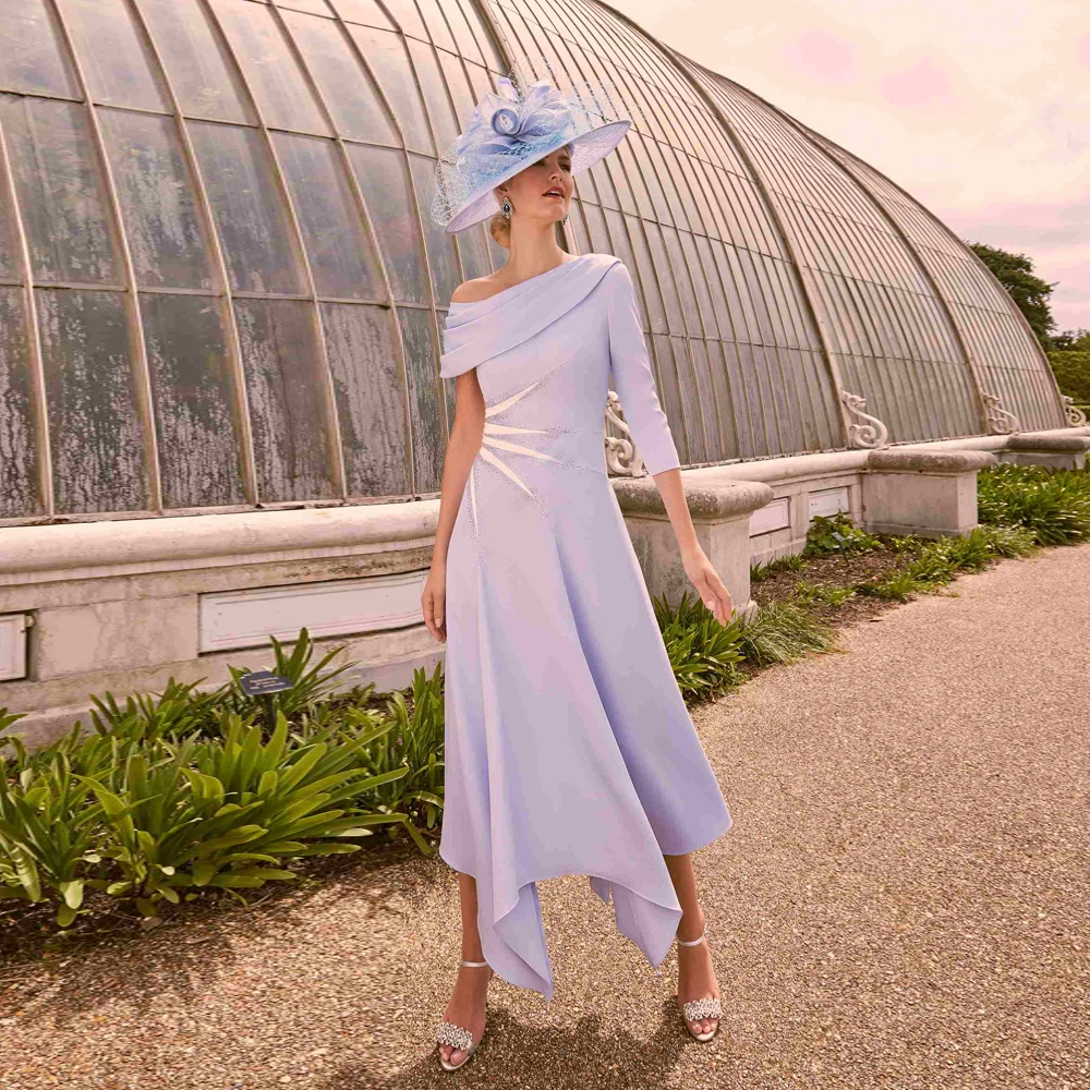 

Elegant One Shoulder Mother of the Bride Dresses V Neck 3/4 Sleeves Wedding Party Gowns Beading Ankle-Length A-Line فستان سهرة