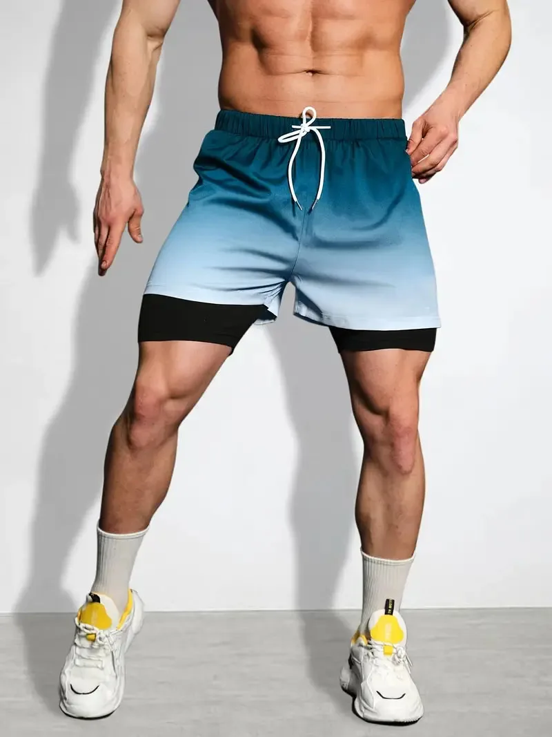 

2024 new men's summer beach pants gradient shorts Breathable quick drying sports fitness double-layer shorts