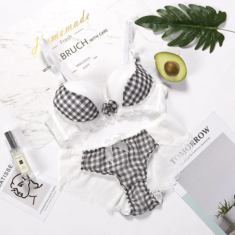 Women's Bra Set Sexy Gathering Lace Lace Bra Thin Section Anti-Sagging Not Empty Cup Without Steel Ring Bow Plaid Bra Set