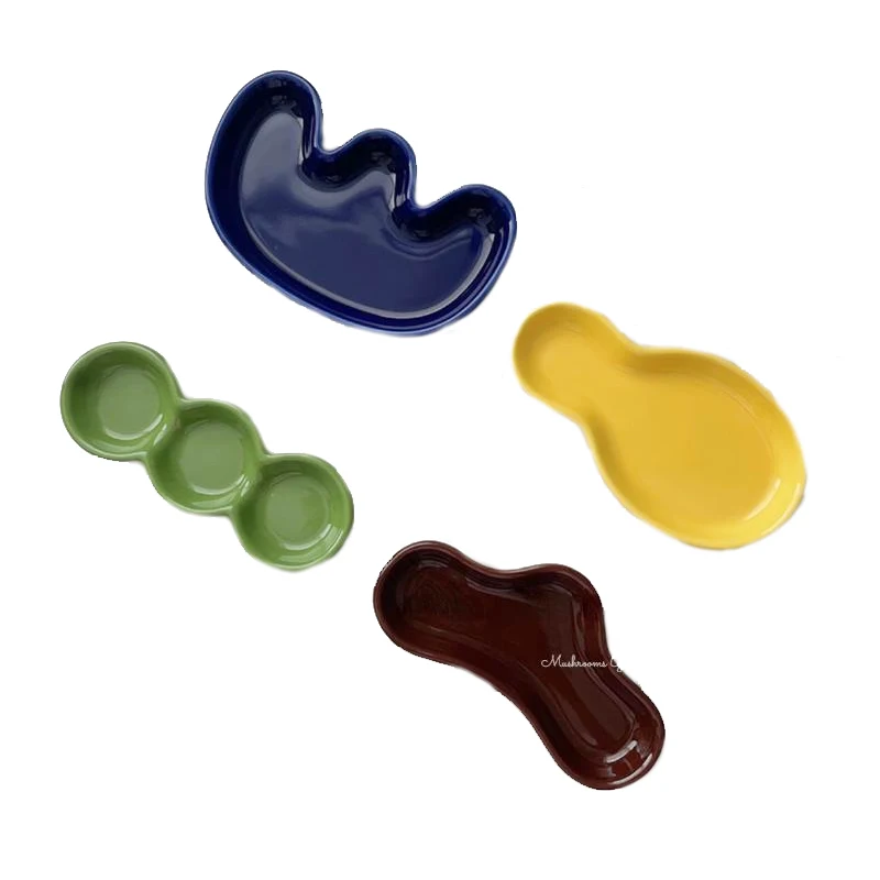 Divided Dip Bowls Sauce Dish Set Sauce Plate 4 Colors Irregular Hand-kneaded Ceramic Dipping Flower Dish Colorful Glaze Lovely Japanese Hot Pot Dipping Flower Dish