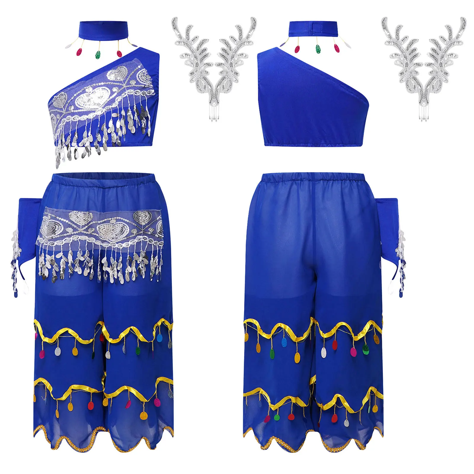 Kids Girls Belly Dance Performance Costume One Shoulder Sleeveless Sequin Tassels Crop Top Pants Neck Ring Headwear Glove