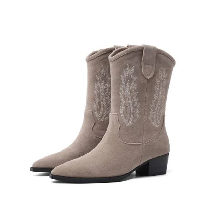 

Cow Suede Handmade Embroidered Women Boots Fashion Pointed Chunky Heels Slip-on Mid-calf Boots Retro Western Cowboy Boots Botas