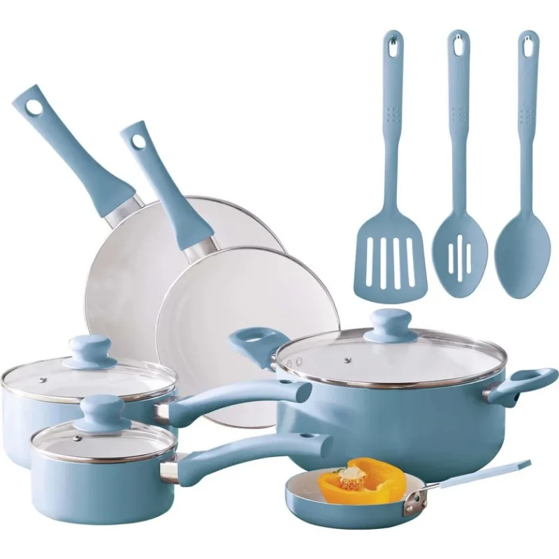 

Mainstays 12pc Ceramic Cookware Set, Blue Linen Pots and Pans Set