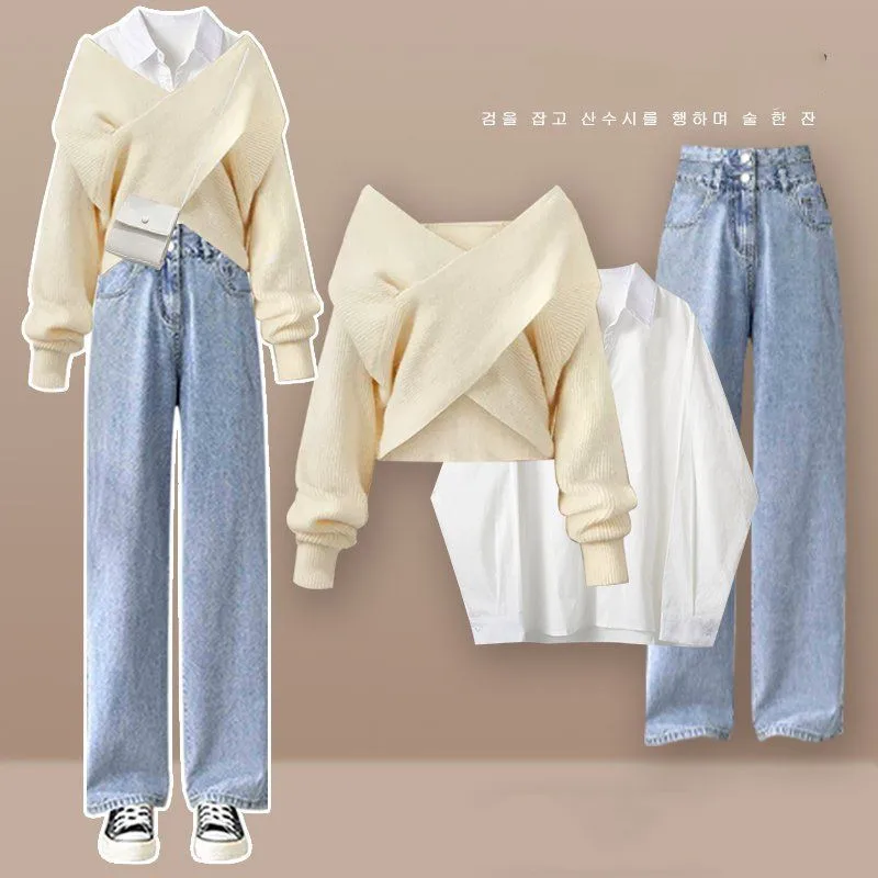 Autumn Wear a Full Set of New Cross Knitted Sweaters for Slim Fashion Versatile Shirts and Jeans Three Piece Set