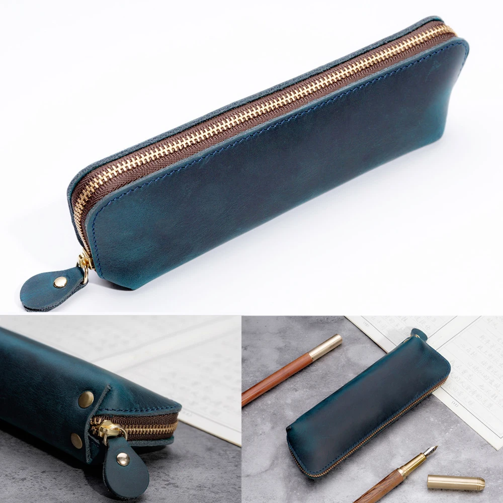 1pc Cowhide Pencil Case Stationery Holder Genuine Leather Pencilcase Storage Bag Office School Supplies