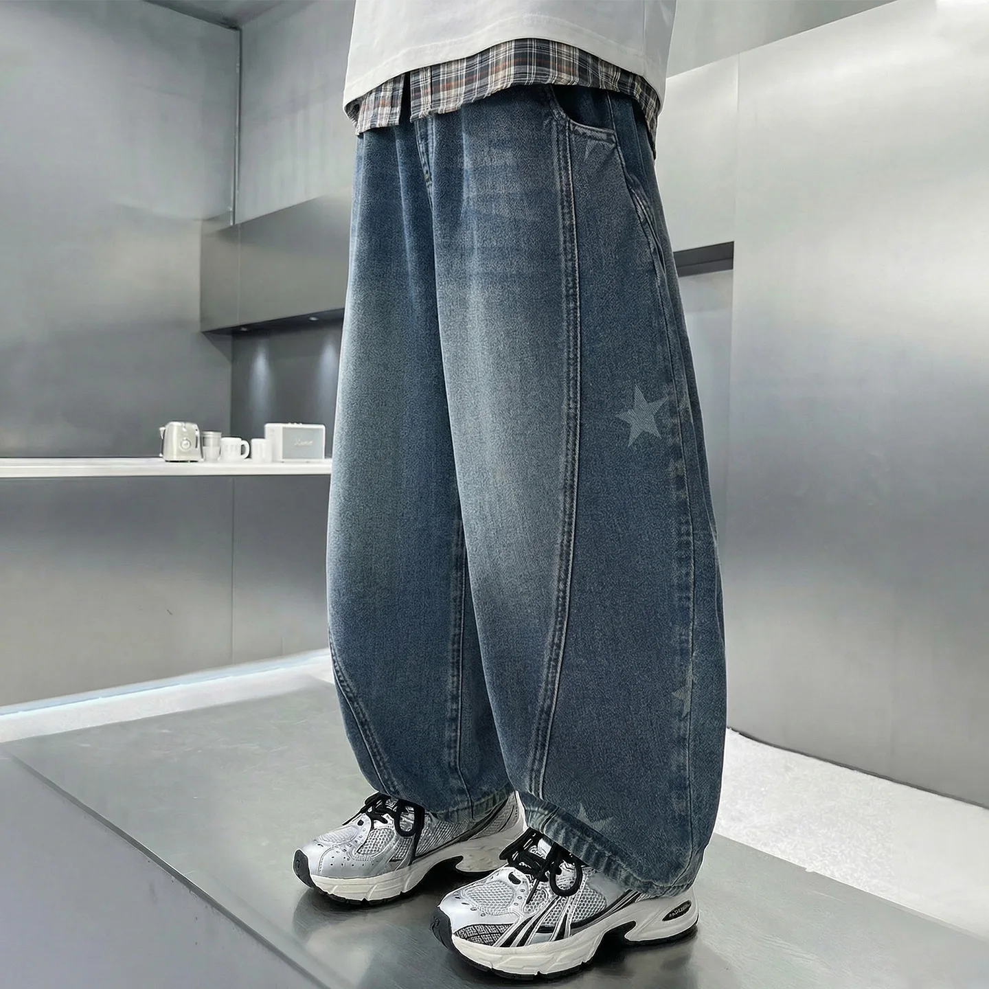 패치워크 곡선형 블루 진(남아용) 스타 프린트 스트리트웨어 바지 헐렁한 아동 청소년 봄 가을 스타일리쉬 팬츠 4-14세