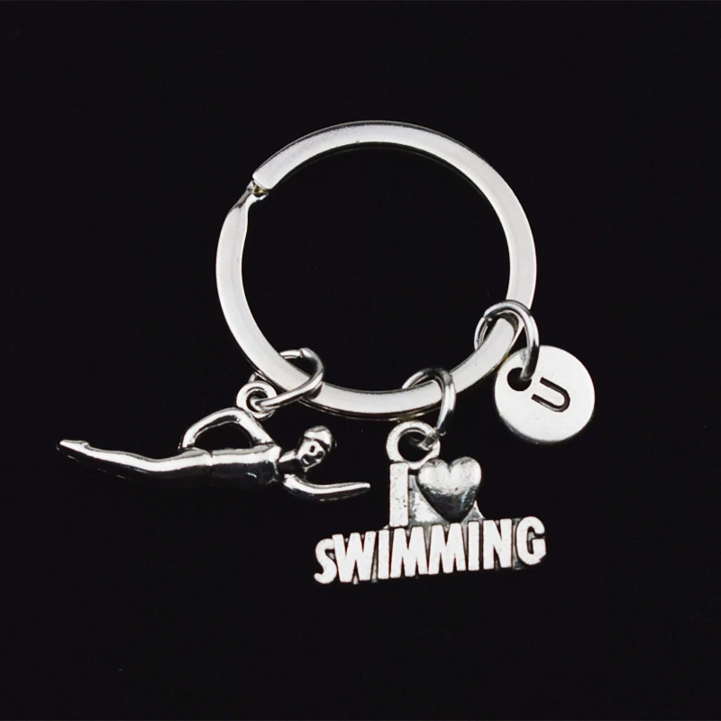 

New Personality Sport Swimmer Pendant Key Chain I Love Swimming A-Z Letter Charm Keychain Key Rings Beach Souvenir for Gifts