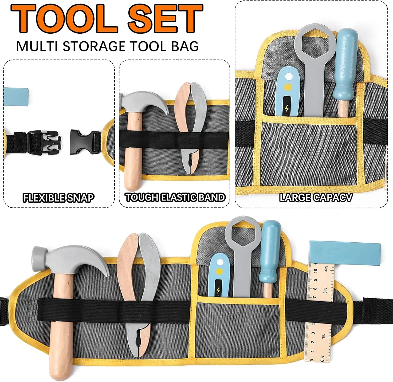 나무로 만든 어린이 공구 세트, 25종의 건설 장난감 세트, 3세, 4세, 5세 여아 및 남아용 가방형 장난감