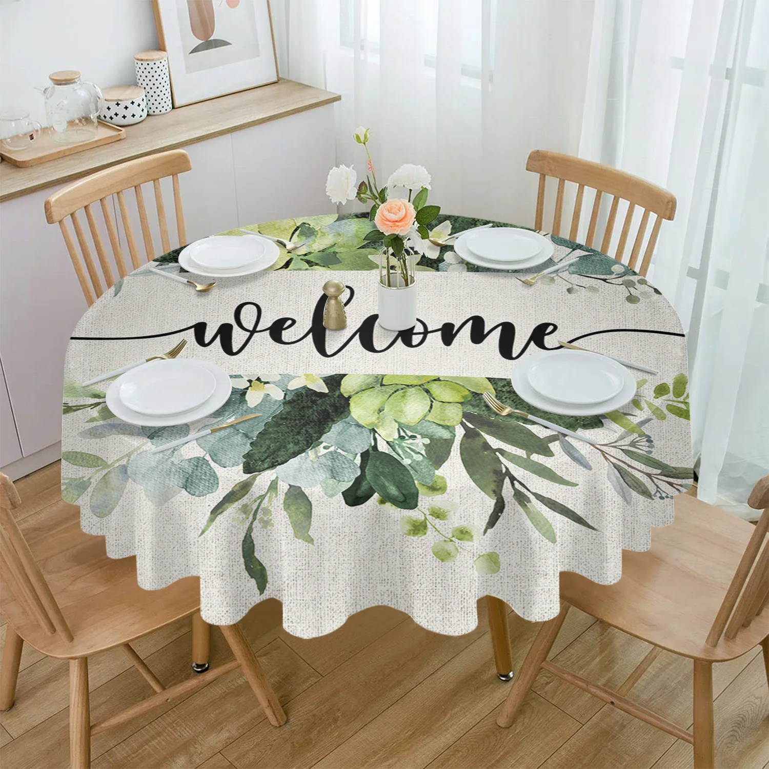 

Watercolor Eucalyptus Leaves Farm Round Tablecloth Party Kitchen Dinner Table Cover Holiday Decor Waterproof Tablecloths