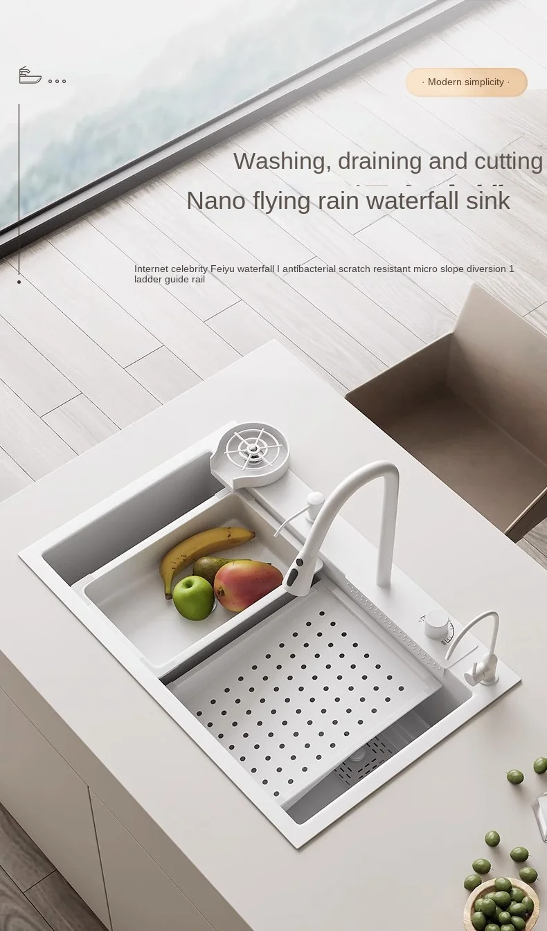 Description Picture 2 of itemWhite Stainless Steel Waterfall Kitchen Sink Multifuctional Faucets Simple Style Large Single Slot Kitchen Novel Accessories