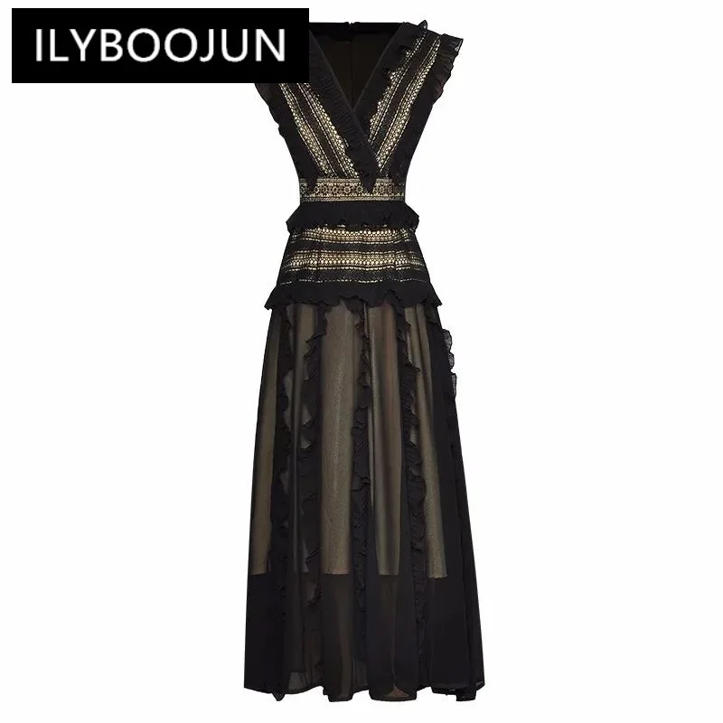 

ILYBOOJUN Fashion Designer Spring Summer Women Tank Dress V-Neck Sleeveless Ruffle Patchwork Hollow Out Vintage Party Dresses