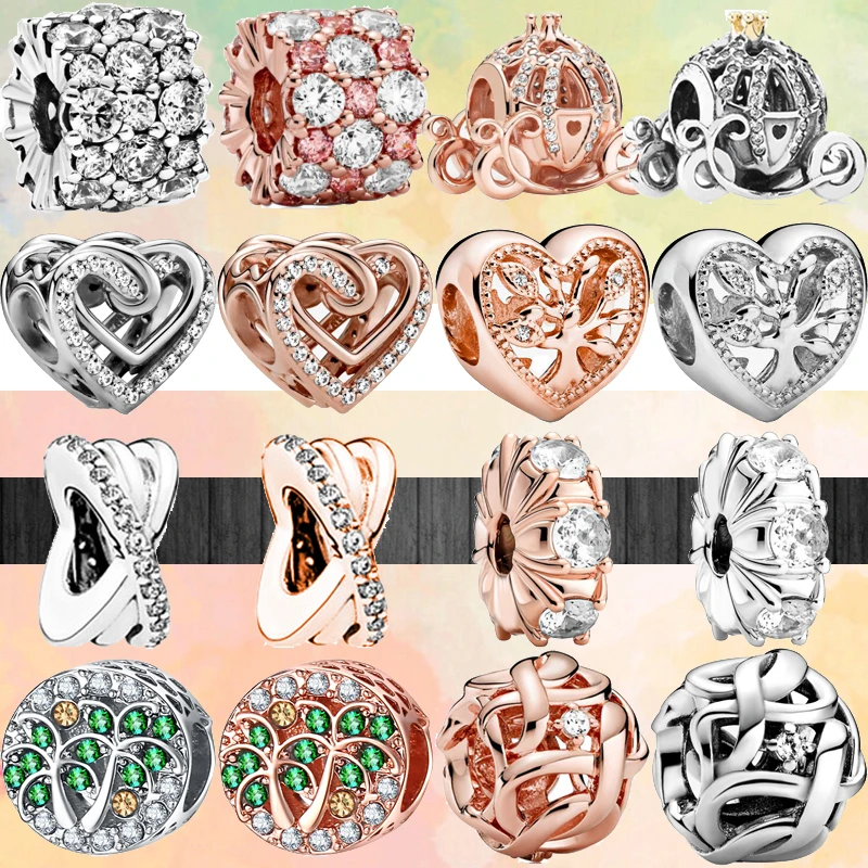 

New Tree Heart Carriage Crown Openwork Fashion Rose Gold Color Bead Fit Original Pandora Charm Silver Color Bracelet DIY Jewelry
