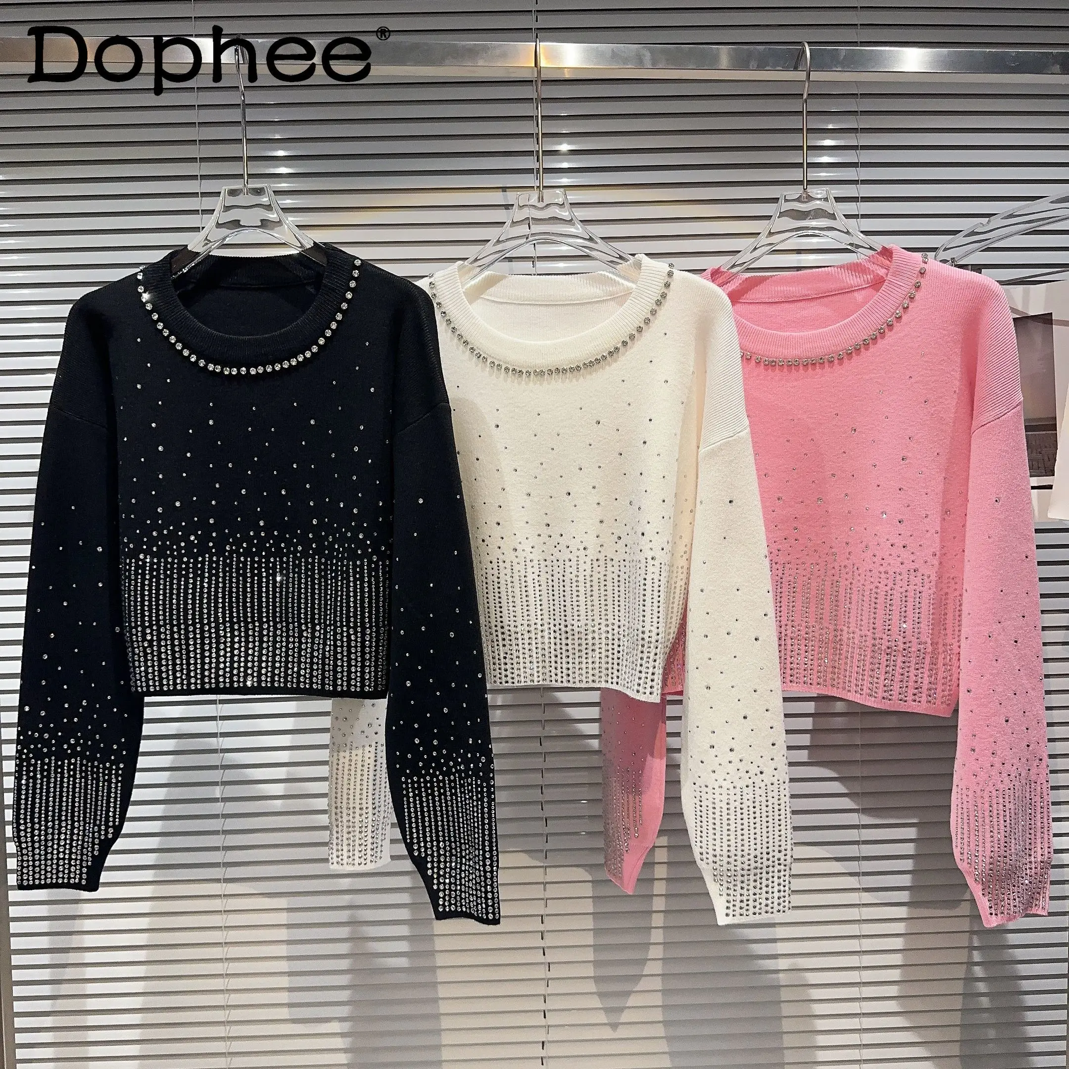 

Rhinestone Beaded Neckline Gradient Rhinestone Knitted Sweaters Women Long Sleeve Sweet Pink Sweater Top 2023 New Autumn Clothes