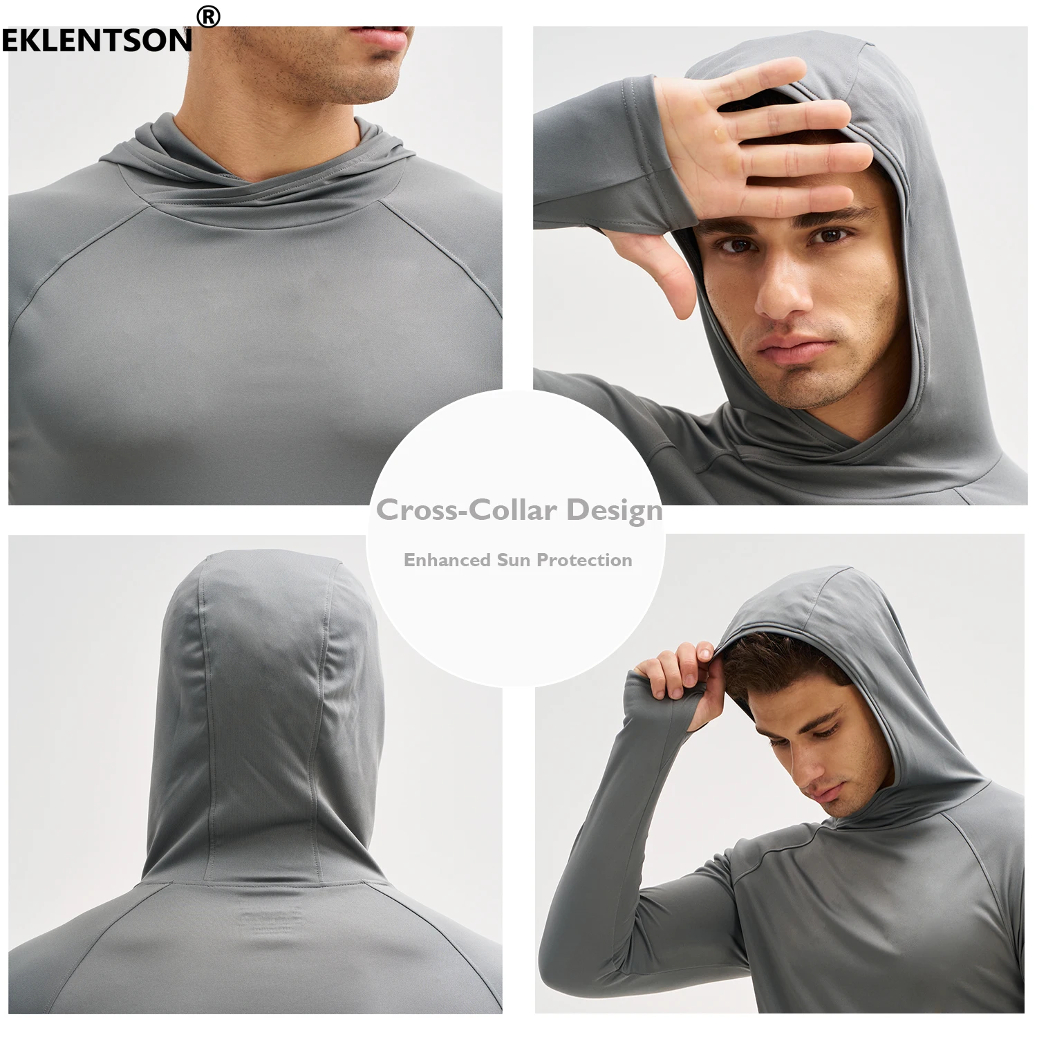 EKLENTSON Men's UPF 50+ Lightweight Hoodie Shirts Quick Dry Cross-Collar Rash Guard Shirt Sun Protection for Athletic Running