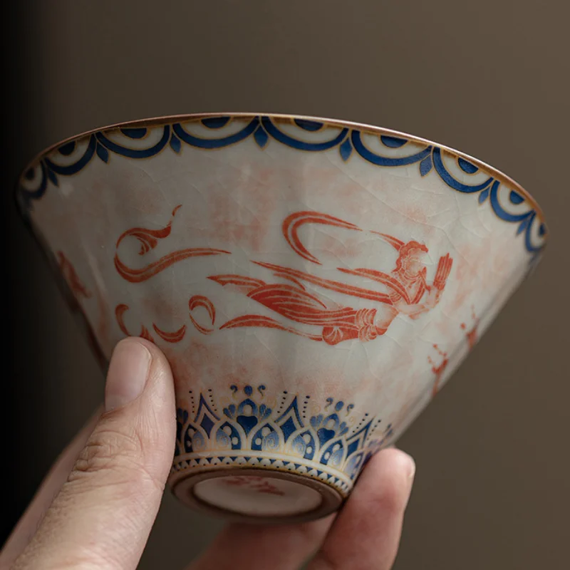 150ml Chinese Dunhuang Apsaras Pattern Gaiwan Creative Ru Kiln Bamboo Hat Tea Tureen Tea Brewing Cover Bowl Cafes Ornaments