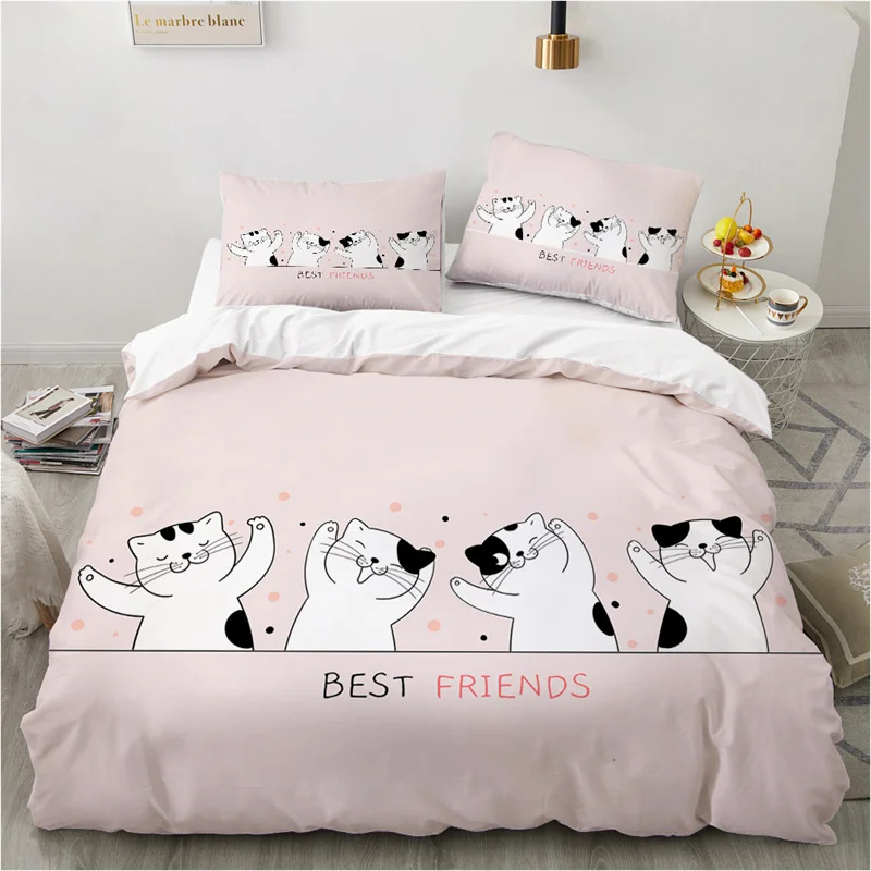 Cute Cartoon Animals Pink Toddler Bedding Set 3D Funny Cat Cover Twin Queen Size For Teens Kids Girls Bedroom Decor Print Duvet