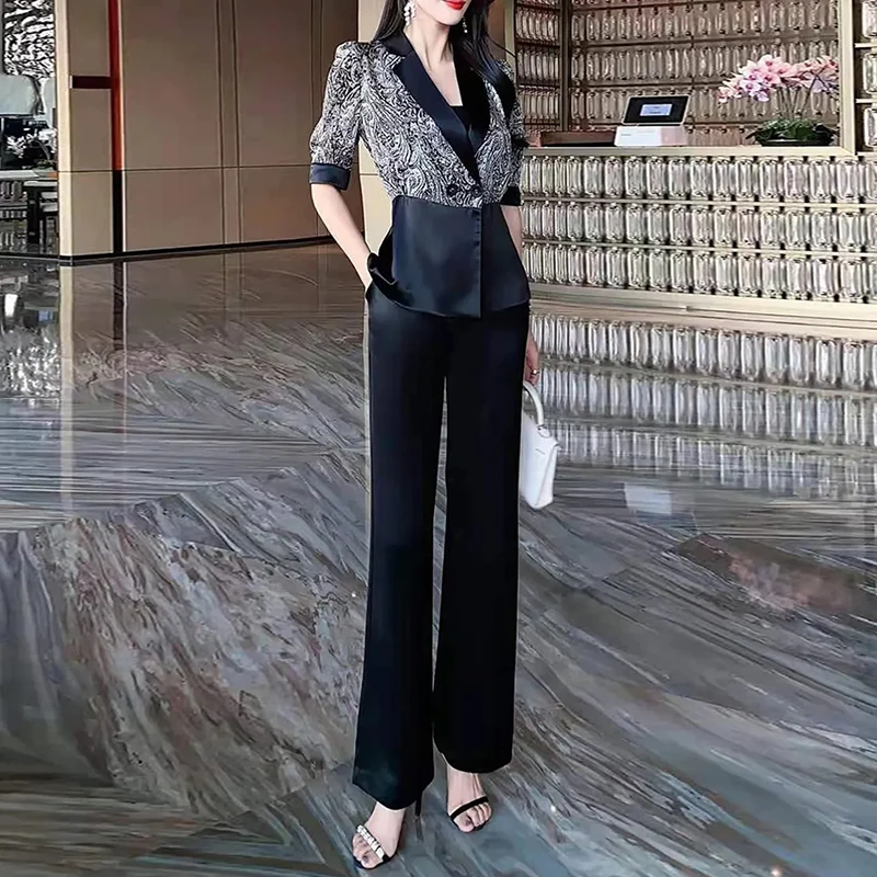 

Women's Business Set, 2023 Spring and Autumn Acetate Silk Fabric High end Short Sleeve Shirt Wide Leg Pants Slim Fit 2-pc set