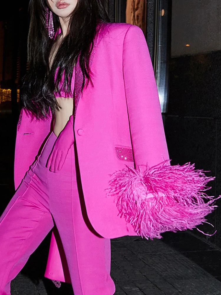 TWOTWINSTYLE Temperament Patchwork Feathers Blazer For Momen Lapel Long Sleeve Spliced Button Designer Blazers Female Style New