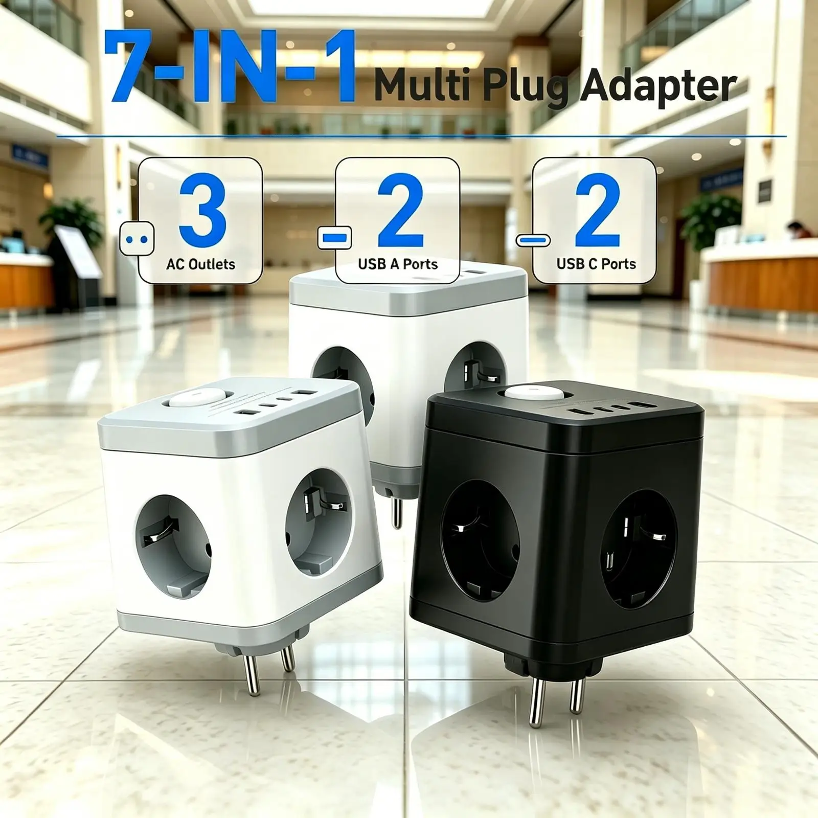 Universal Multi-Function Power Adapter with USB Ports - Compact Cube for International Travel and Home Use, White/Black