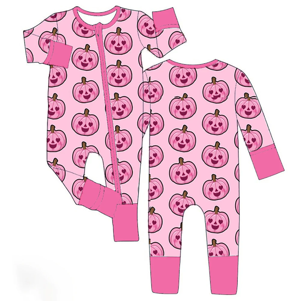 

Halloween New Design Pink Pumpkin Print Newborn Pink Jumpsuit Toddler Girl Climbing Clothes