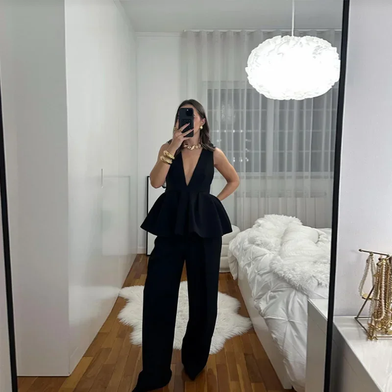 Black Elegant Pant Suit Women V-neck Sleeveless Ruffles Tank Tops Loose Trouser Female 2 Pieces 2025 Fashion Lady Outfits New