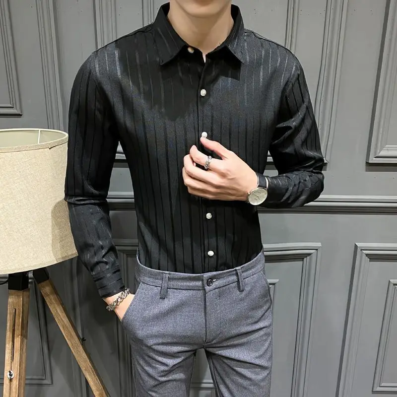 Loose Solid Formal Button Striped Turn-down Collar Long Sleeve Shirts Temperament Fashion Casual Spring Summer Men's Clothing