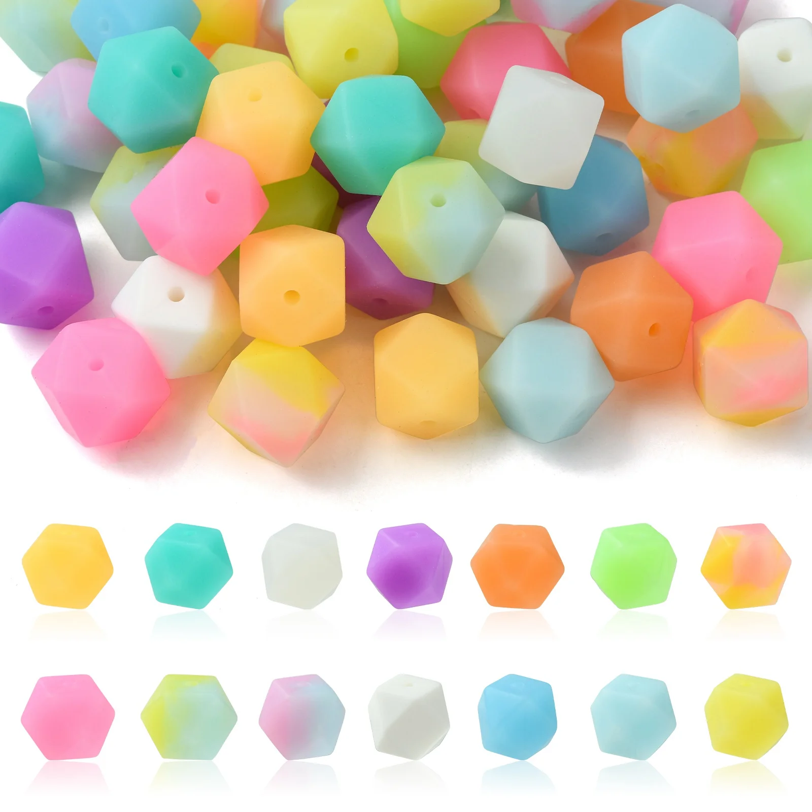 PandaHall 50 Stück gemischte 14-mm-Sechseck-Silikonperlen, die im Dunkeln leuchten, Bubblegum-Perlen, leuchtende lose Perlen für die Schmuckherstellung – Detail 1