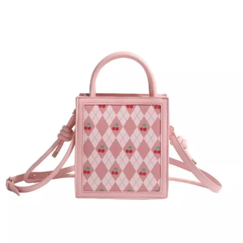 Sweet Cute Cherry Pink Handbag Women Diamond Pattern Square Large Capacity Shoulder Bag Ladies Kawaii Everyday Crossbody Bag New