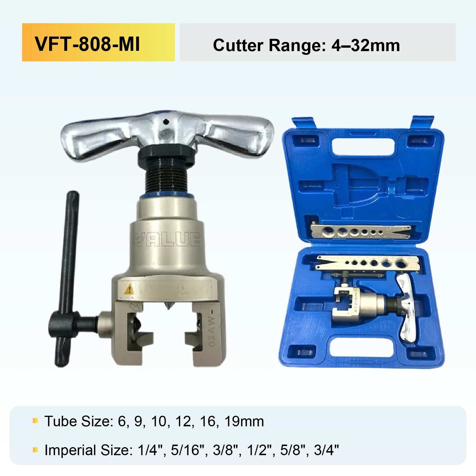 ערכת כלי הרחבת נחושת ידני VFT-808-MIS לצינורות 4-32 מ”מ מרחיב אקסצנטרי למזגנים עם מארז נשיאה