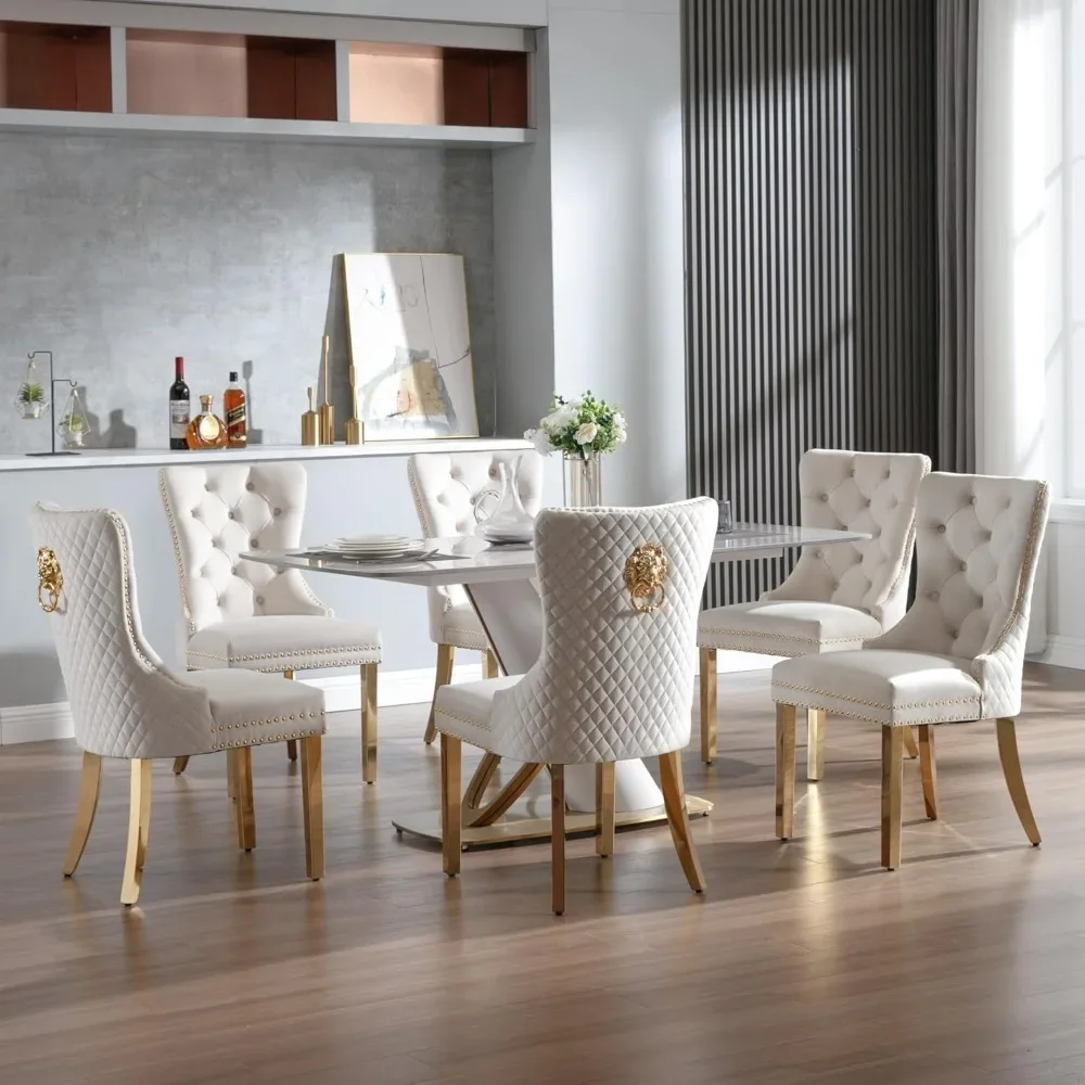 Dining Chairs Set of 6, Luxury Velvet Tufted Legs & Nailhead Trim, Back Lion Head Pull Ring & Rhomboid Pattern, Kitchen Chairs 4