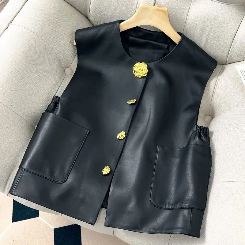 Spring Autumn New High-End Temperament Light Luxury Leather Vest Fashion Design Solid Color Cardigan Jacket Women's Vest Coat 4