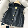 Spring Autumn New High-End Temperament Light Luxury Leather Vest Fashion Design Solid Color Cardigan Jacket Women's Vest Coat 4