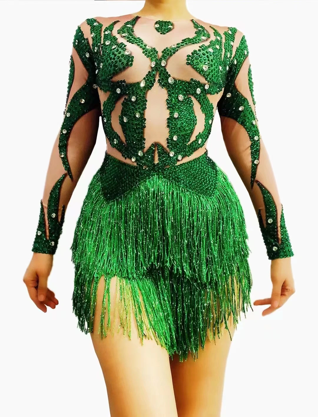 

Green Rhinestone Fringe Spandex BodysuitBirthday Celebrate Long Sleeves Outfit BodysuitWomen Dancer Singer Show Wear A213