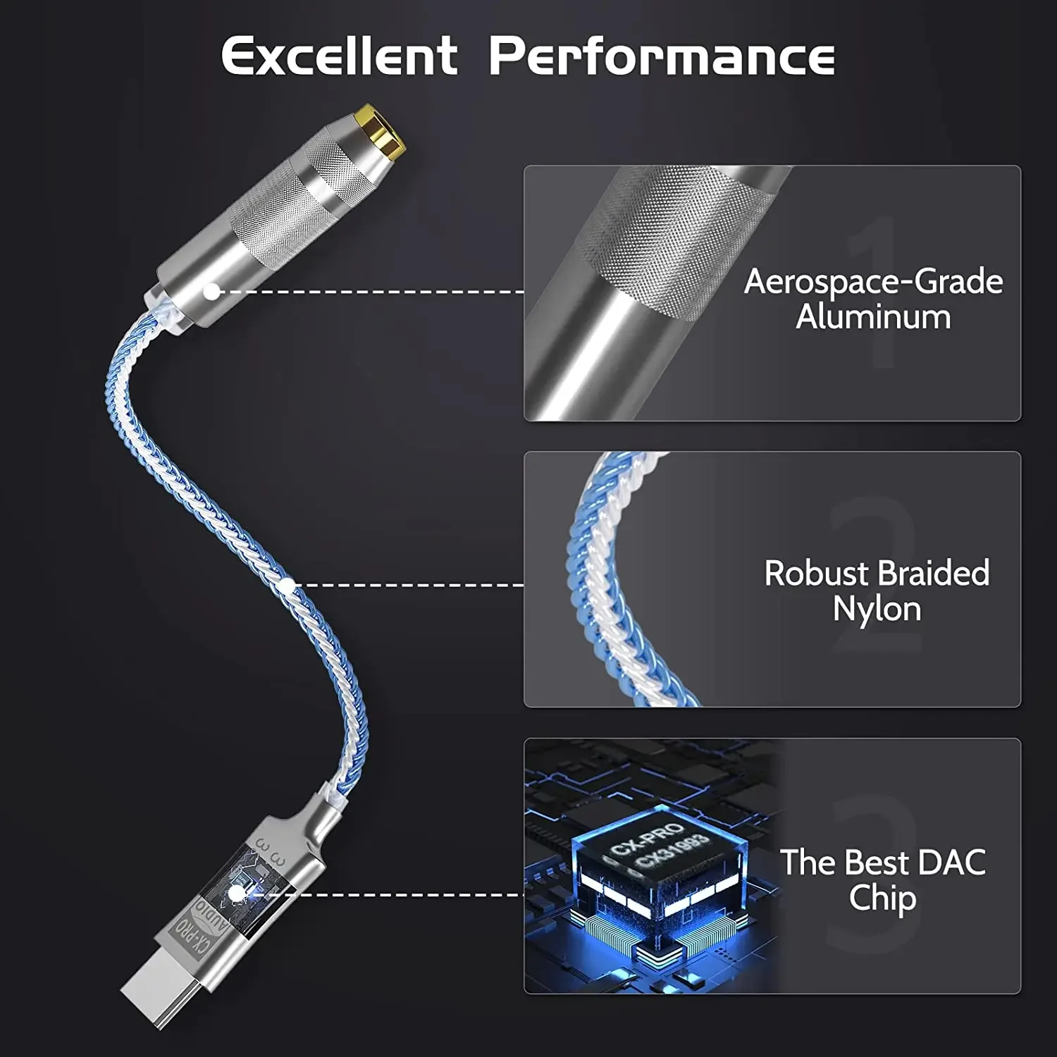 Adaptador de auriculares USB-C a 0.138 in, USB C (DAC+Hi-Res