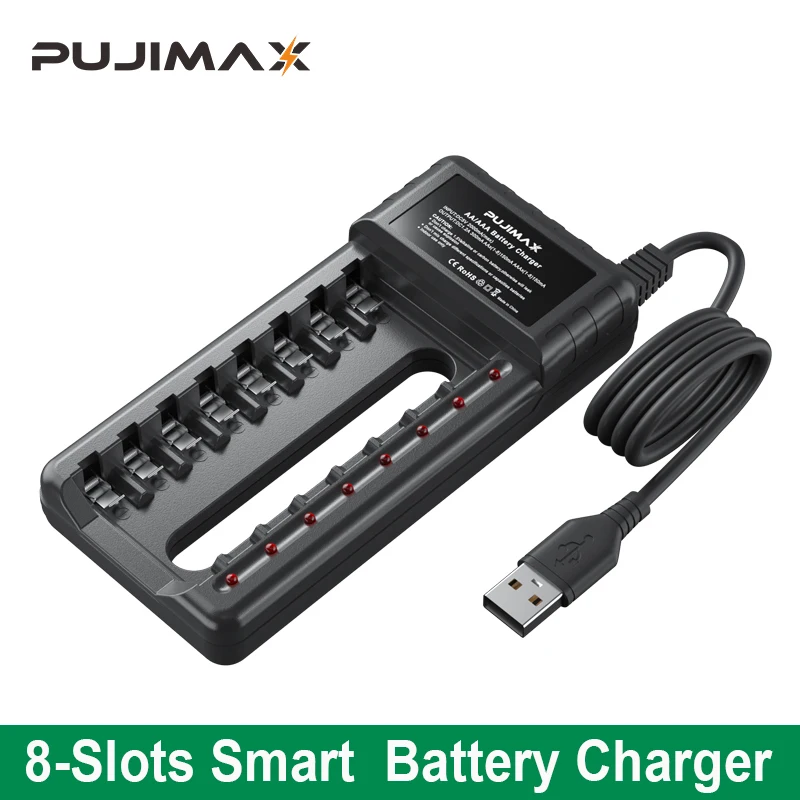 Battery Charger Fast Charger Battery Charger Adapter PUJIMAX 8 Slot USB Output Fast Charging Battery Charger Short Circuit Protection for AA/AAA/Nimh Rechargeable Batteries
